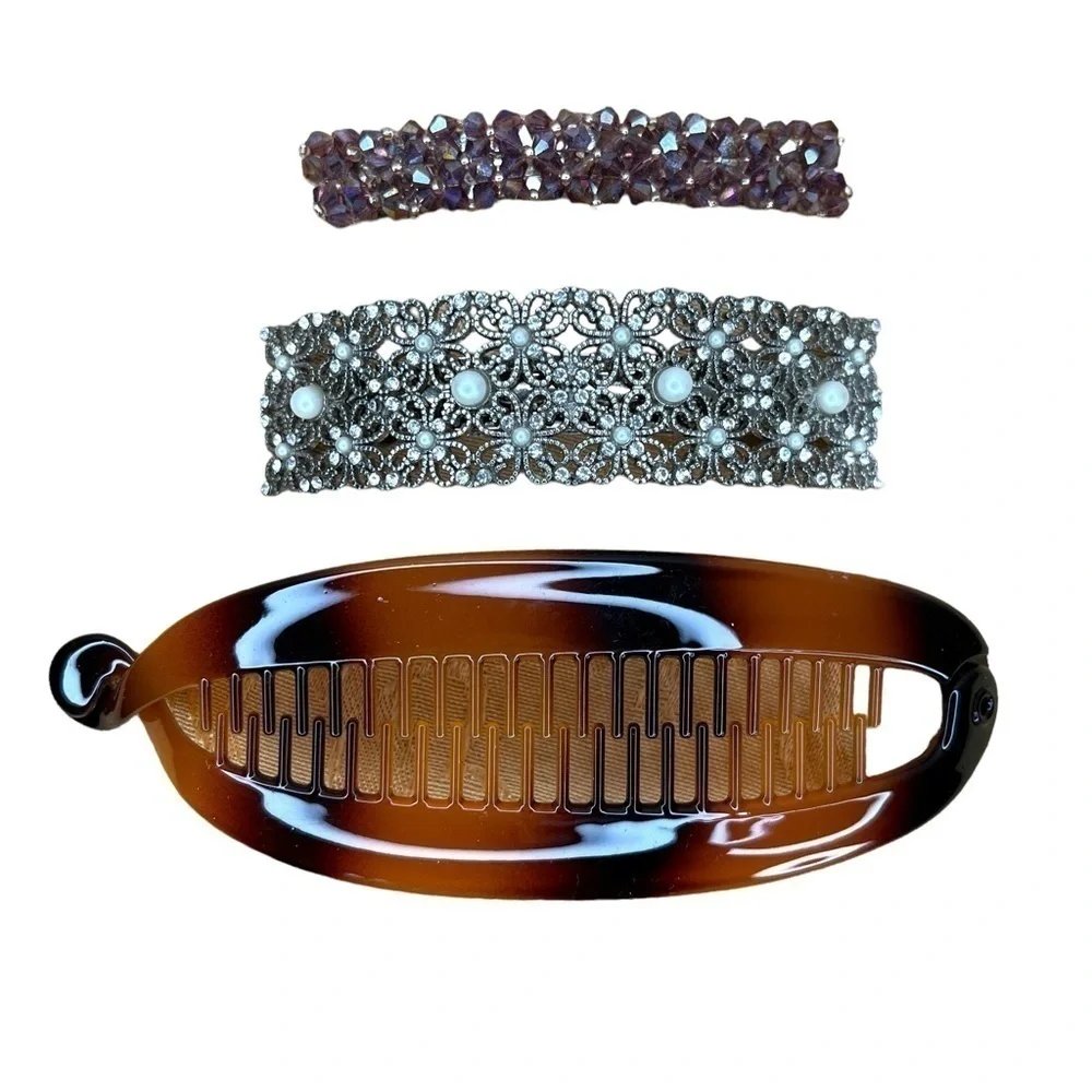 Set Of 3 Hair Accessories Lot Tortoise Glam Rhinestone Gemstone Clip In Event